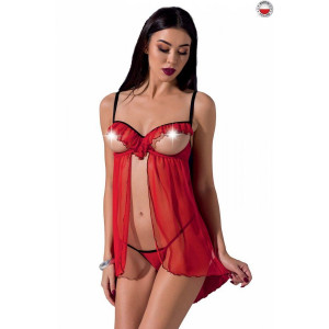 Прозрачный пеньюар с открытой грудью CHERRY CHEMISE red S/M - Passion Exclusive, трусики