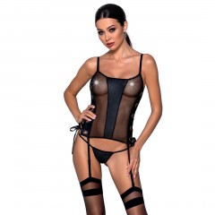 Сетчатый корсет из экокожи, с люверсами и съемными пажами Malwia Corset black L/XL — Passion