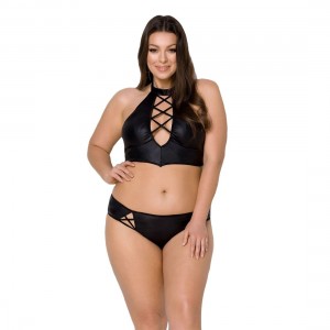 Комплект з еко-шкіри Nancy Bikini black 6XL/7XL - Passion, бра та трусики з імітацією шнурівки