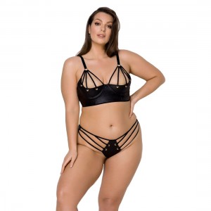 Комплект з екошкіри з люверсами та ремінцями Malwia Bikini black 4XL/5XL — Passion, бра та трусики