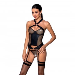 Сетчатый комплект корсет с халтером, съемные подвязки и трусики Amanda Corset black XXL/XXXL - Pas