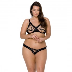 Комплект з екошкіри CELINE BIKINI 4XL/5XL — Passion: відкритий бра зі стрічками, стрінги зі шнурів