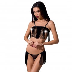 Комплект белья KASSANDRA SET OpenBra black L/XL - Passion Exclusive: лиф с бахромой, трусики-юбка