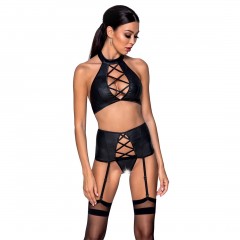 Комплект из эко-кожи с имитацией шнуровки Nancy Set black XXL/XXXL - Passion топ, трусики и пояс дл