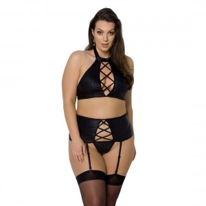 Комплект з імітацією шнурівки Nancy Set black 6XL/7XL - Passion топ, трусики та пояс для панчіх